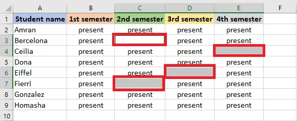 All blank cells selected