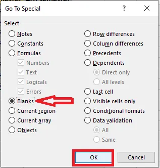 Choosing Blanks in the Go To Special dialog box