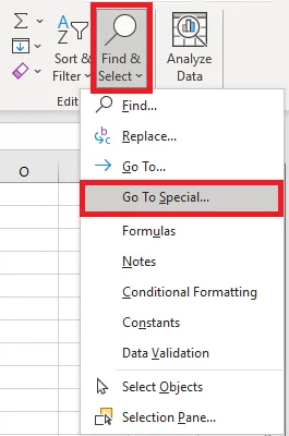 Choosing Go To Special from the Find & Select menu