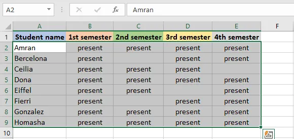 The data range with blank rows selected