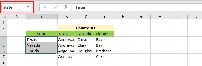 The state list and three city lists, each a named range