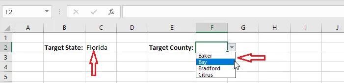 The city list in F2 changing with the state in C2