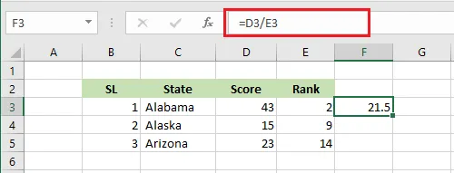 Dividing D3 by E3 with a formula