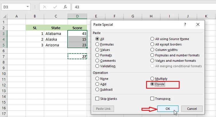 Choosing Paste Special for D3:D5