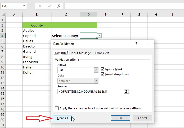 Clear All in the Data Validation dialog box