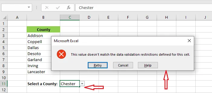 The error after typing a value not in the list