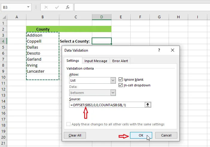 The OFFSET formula in the Source box