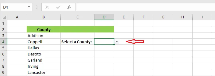 Cell D4 with a drop-down list selected