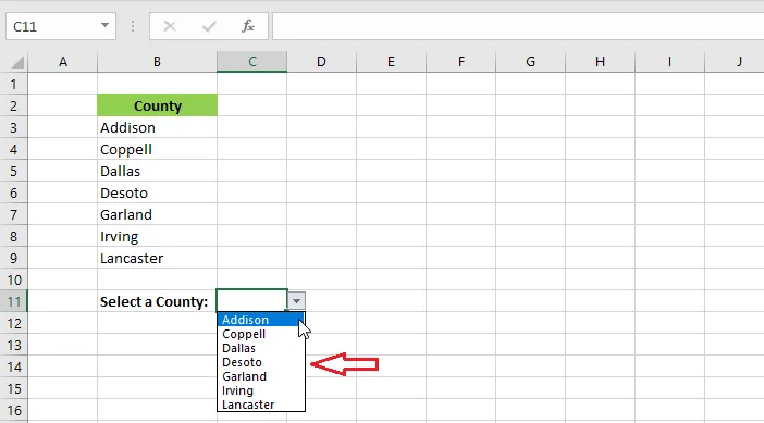 The drop-down list in C11