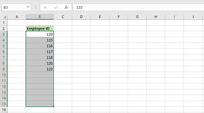 The ID cells B3:B15 selected
