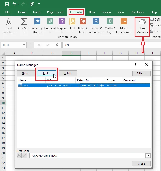 The Name Manager button on the Formulas tab