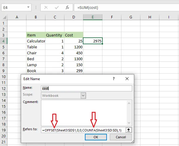 The OFFSET formula in the Refers to box