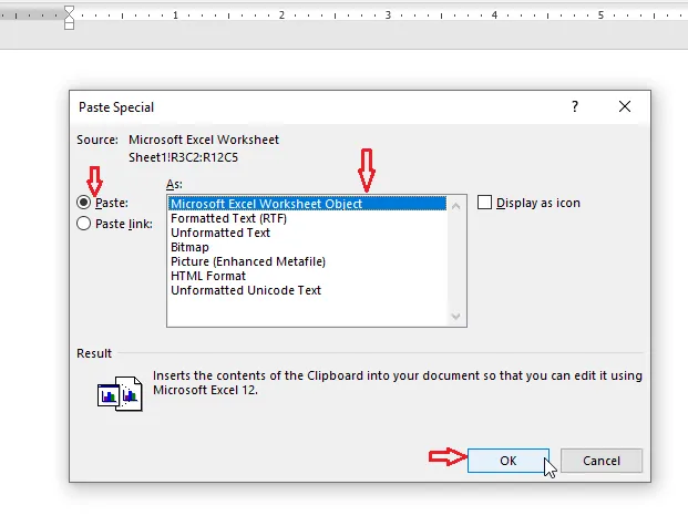 Choosing Microsoft Excel Worksheet Object