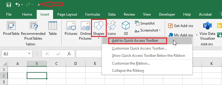Right-clicking Shapes on the Insert tab and choosing Add to Quick Access Toolbar