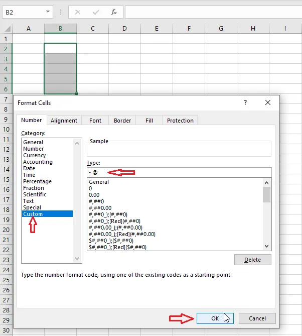 The custom format with a bullet followed by @
