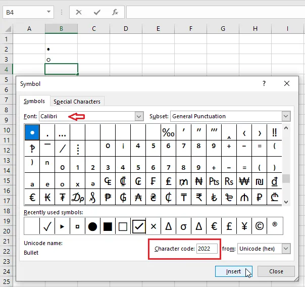The bullet symbol with character code 2022