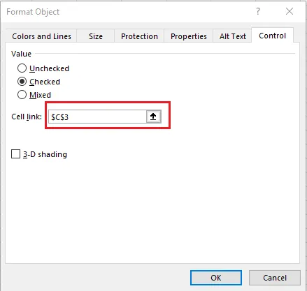 The Format Control window with the cell link set to C3
