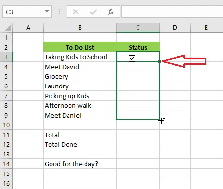 Copying a checkbox down to cell C9 with the fill handle
