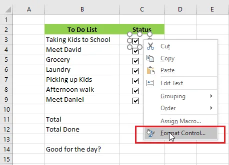 Opening Format Control for the first checkbox in the to-do list