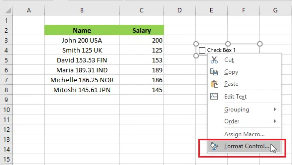 Right-clicking a checkbox and choosing Format Control