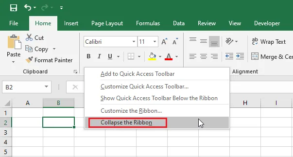 Right-clicking the Ribbon and choosing Collapse the Ribbon