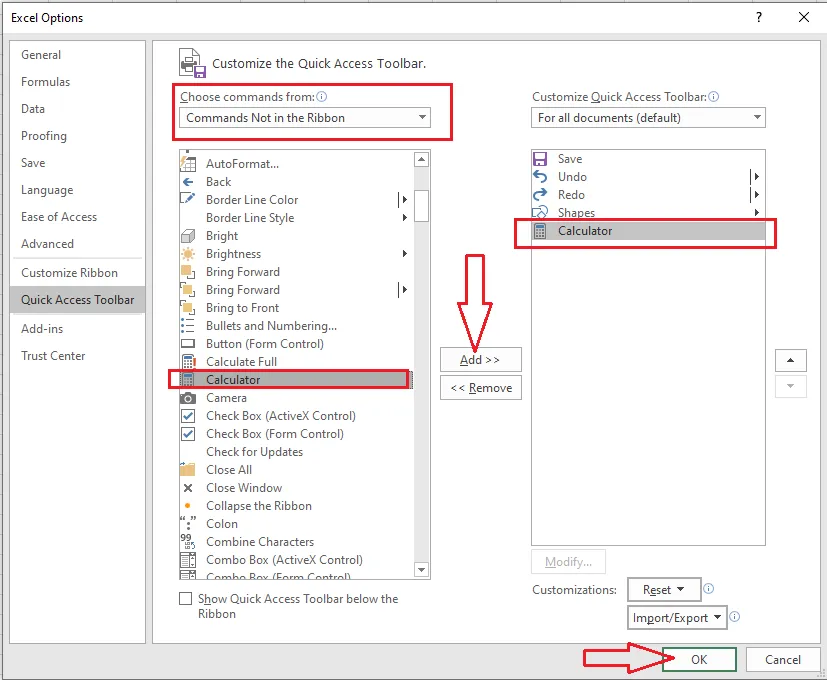 Choosing Calculator from Commands Not in the Ribbon and clicking Add