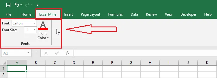 The Excel Ribbon with the new custom tab and its commands