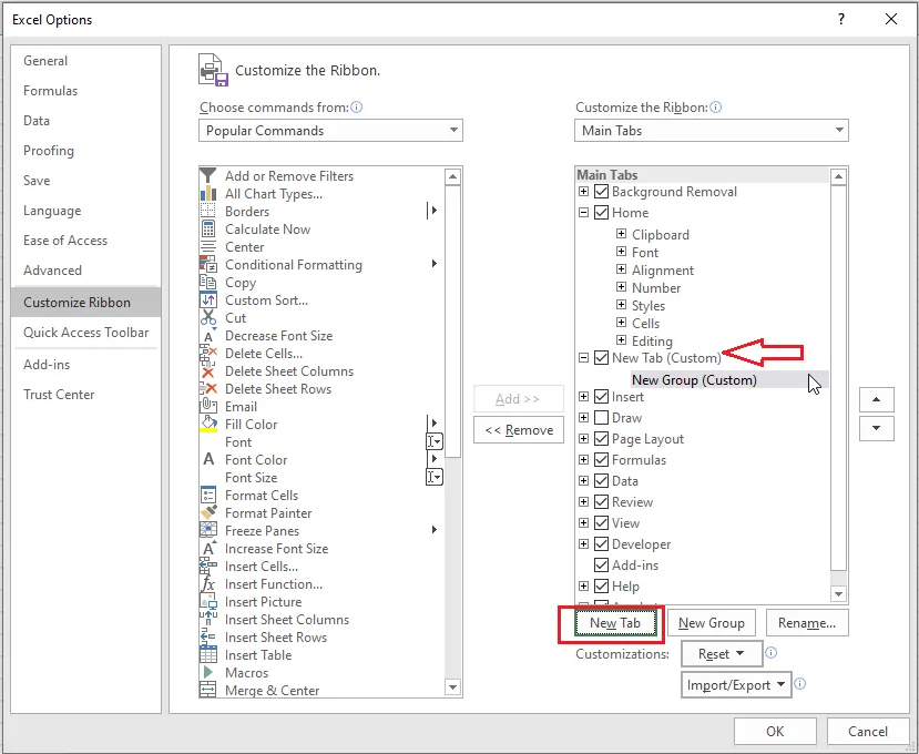 The Customize the Ribbon window with the New Tab button