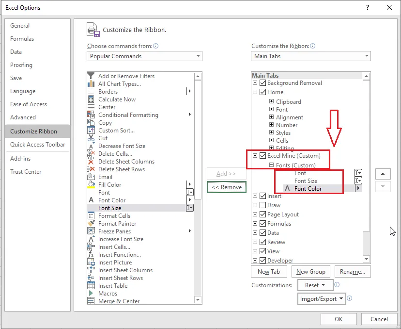 Renaming the new tab and adding commands to it in Excel