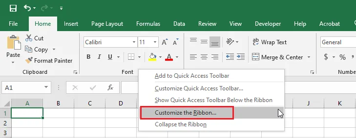 Right-clicking the Excel Ribbon and choosing Customize the Ribbon