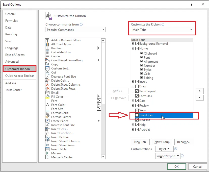 Ticking the Developer box under Main Tabs in Excel Options