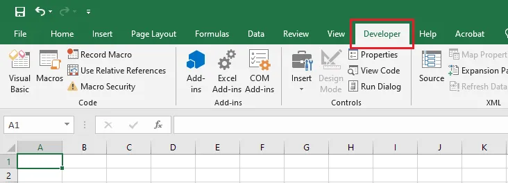 The Developer tab shown on the Excel Ribbon