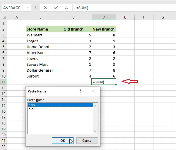 The Paste Name dialog box opened with F3