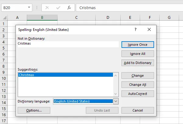 The Spelling dialog box opened with F7
