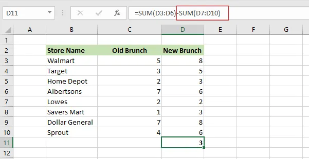 A formula in D11