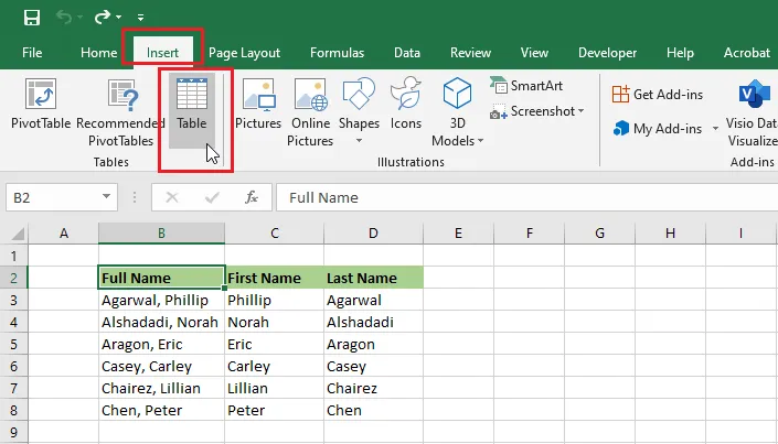 The Table command on the Insert tab of the Excel Ribbon