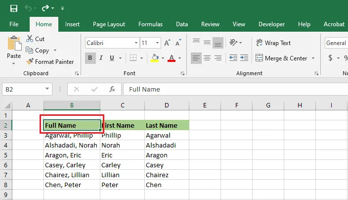 A list of names in Excel with cell B2 selected