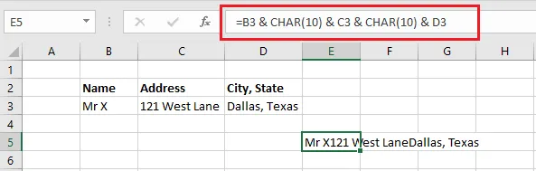 The CHAR(10) formula in E5