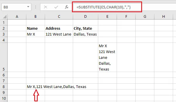 Line breaks replaced with commas using SUBSTITUTE