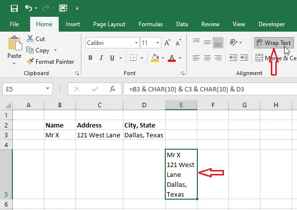 Wrap Text turned on so the line breaks show