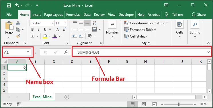 The Name Box showing cell A1 and the formula bar showing a SUM formula