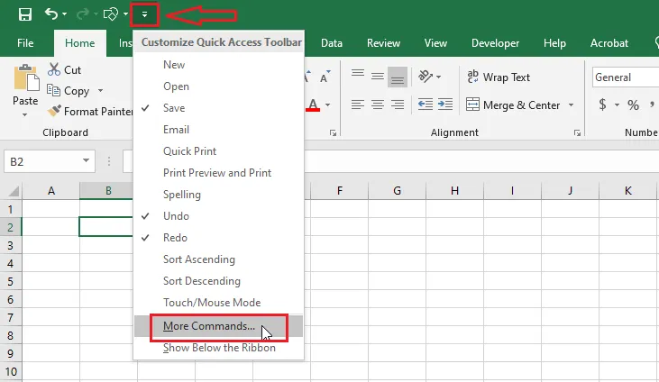 The Customize Quick Access Toolbar menu with More Commands
