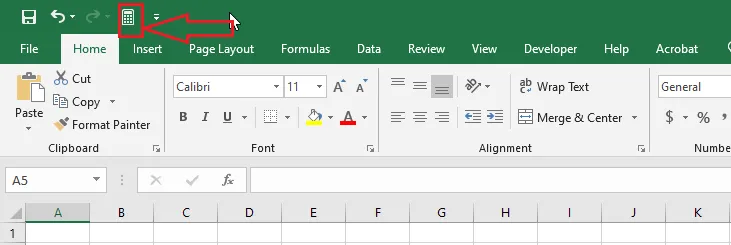 The Quick Access Toolbar with the Calculator button added