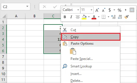 Right-clicking a selected range and choosing Copy