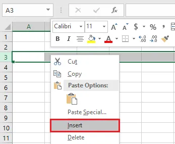 Right-clicking row 3 and choosing Insert