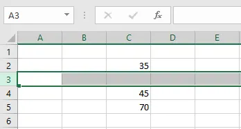 A new empty row inserted between the values 45 and 70