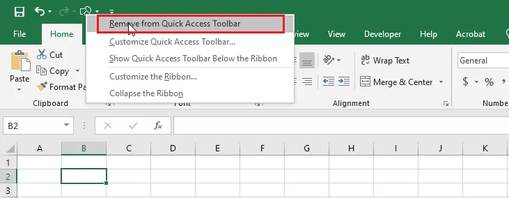 Removing a command with Remove from Quick Access Toolbar