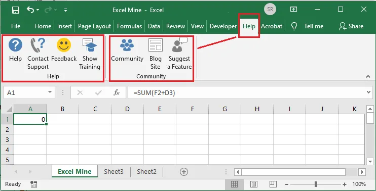 The Help tab of the Excel Ribbon with its Help and Community groups