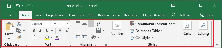 The Excel Ribbon showing the commands of the Home tab