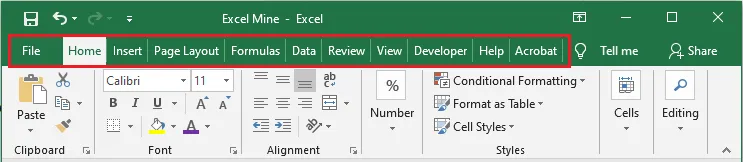 The tabs along the top of the Excel Ribbon